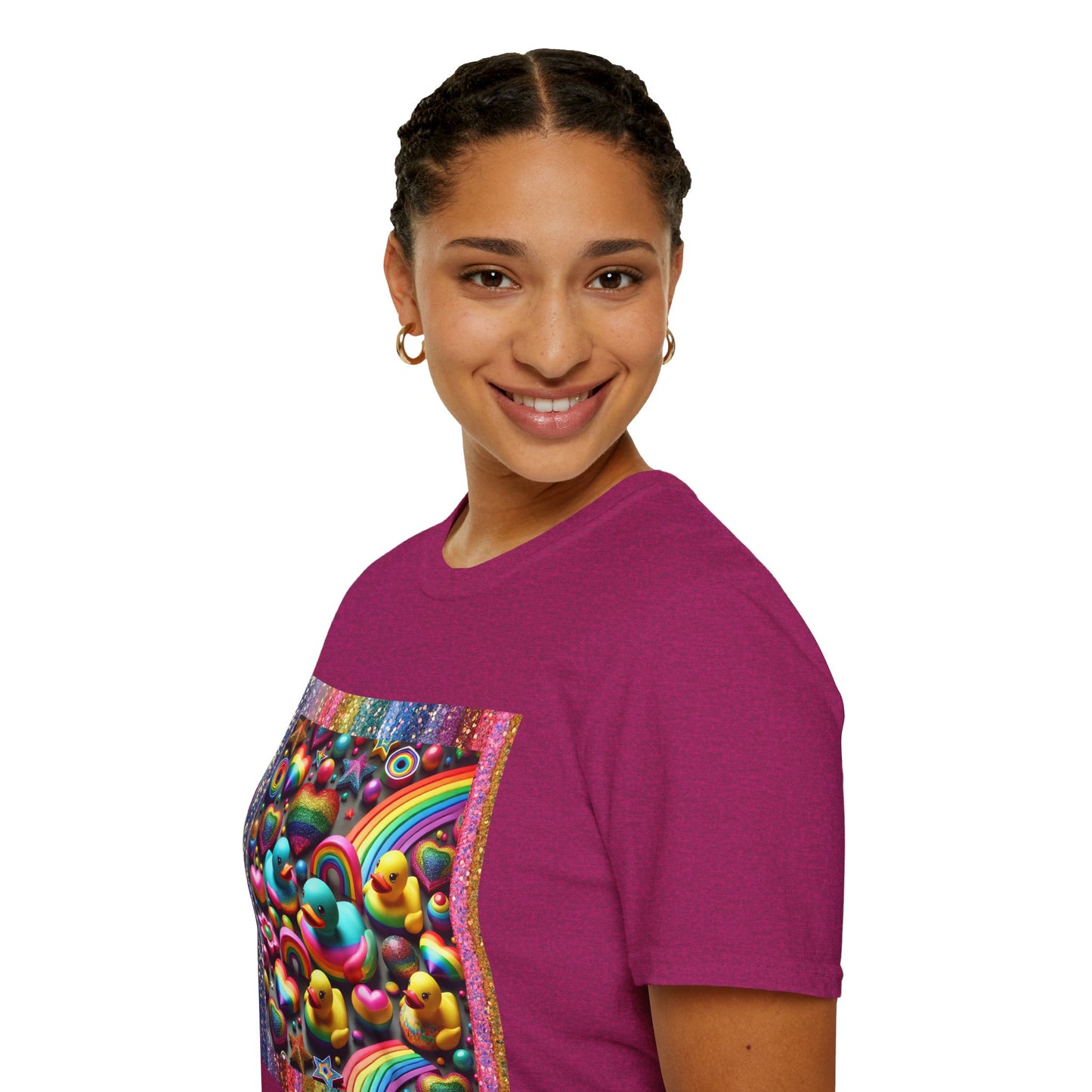 Rainbow Rubber Ducky Sparkle n Splash Hearts & Stars T-Shirt – Cute All-Over Print Tee for LGBTQ+ Inclusivity – Colorful Pride Fashion