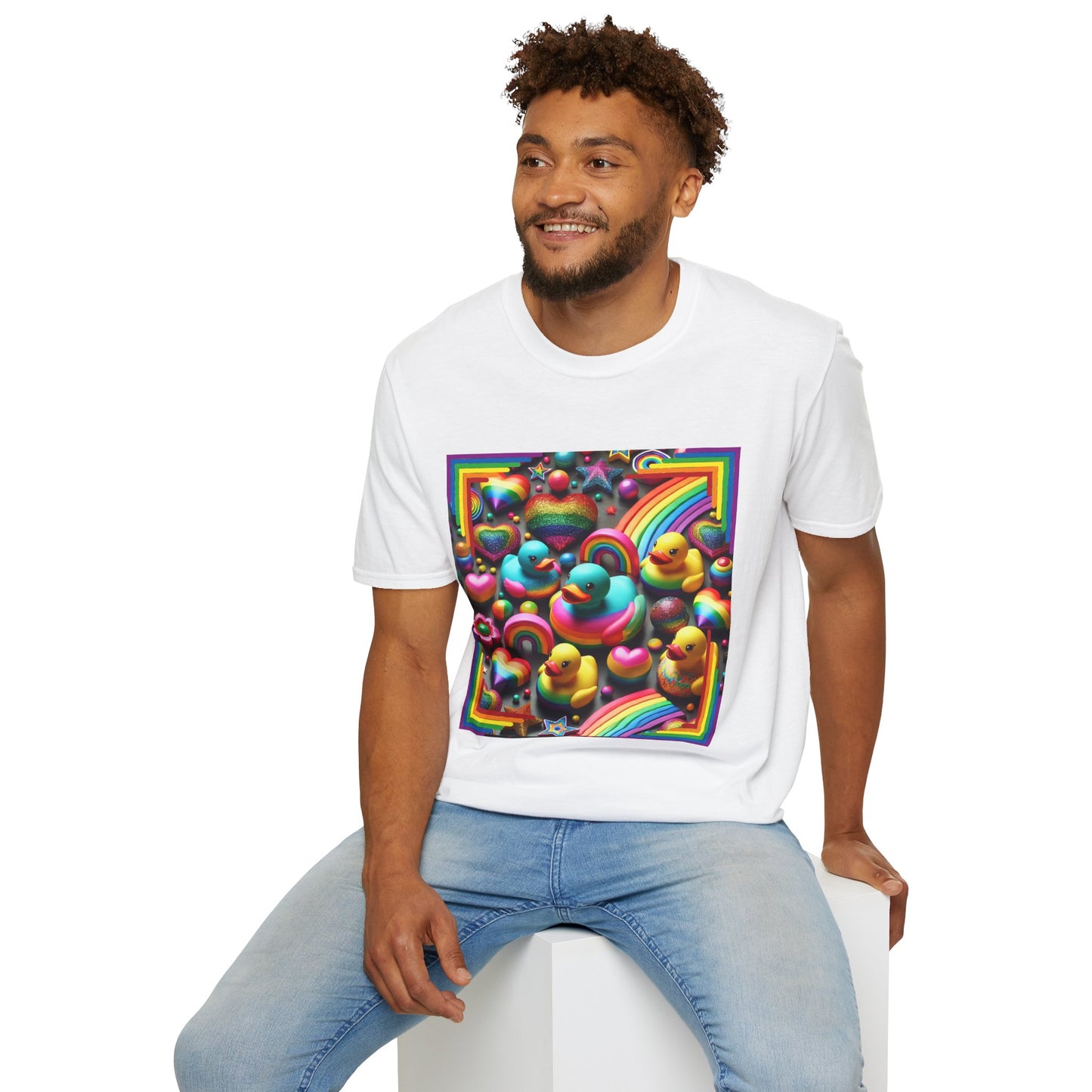 Rainbow Rubber Ducky Sparkle n Splash Hearts & Stars T-Shirt – Cute All-Over Print Tee for LGBTQ+ Inclusivity – Colorful Pride Fashion