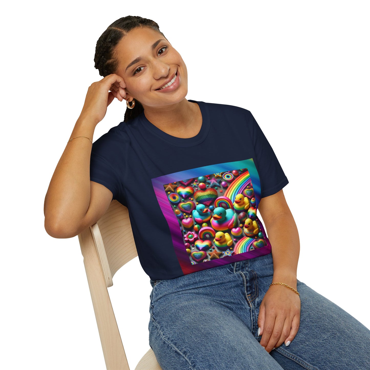 Rainbow Rubber Ducky Sparkle n Splash Hearts & Stars T-Shirt – Cute All-Over Print Tee for LGBTQ+ Inclusivity – Colorful Pride Fashion