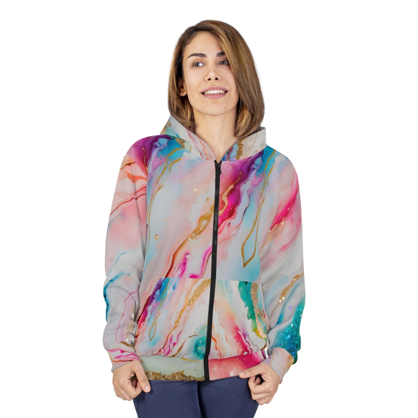 Rainbow Marble Magic Zip Hoodie – Colorful Pride Jacket | Luxe Pastel Watercolor All-Over Print Hoodie for All Genders by Rainbowtique