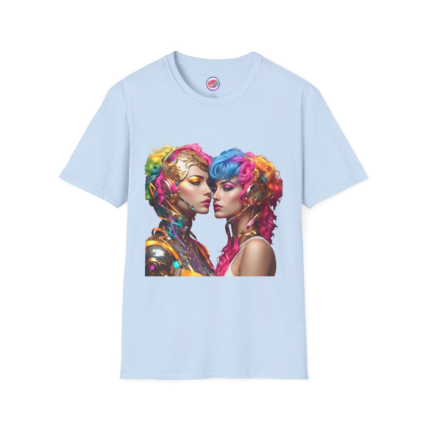AI Rainbow Robot Love T-Shirt – Vibrant LGBTQ+ Couple Art Tee – Futuristic Pride Fashion for Equality & Inclusivity (Multiple Colors to Choose From)