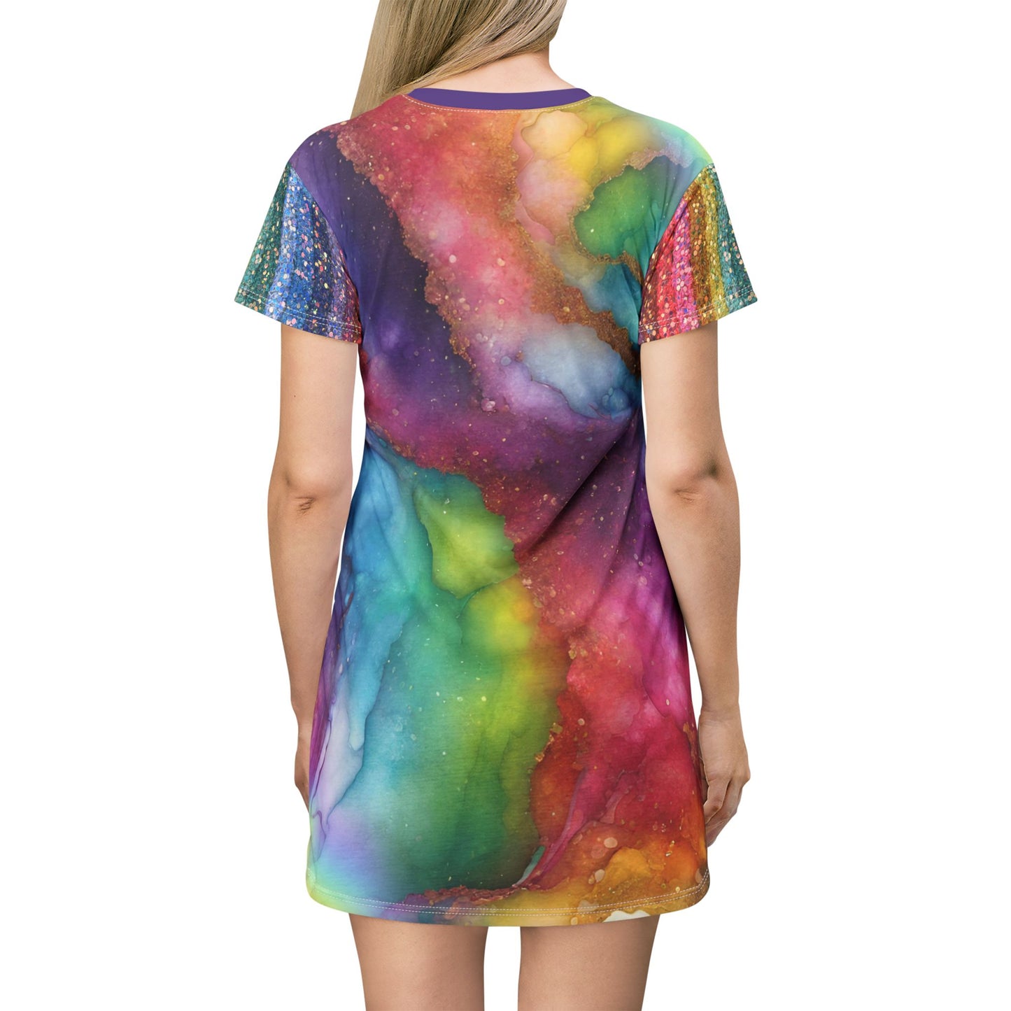 Rainbow Sparkle Magic T-Shirt Dress – Glitter Rainbow Pride Fashion | All-Over Print Galaxy Dress for Festivals & LGBTQ+ Style by Rainbowtique
