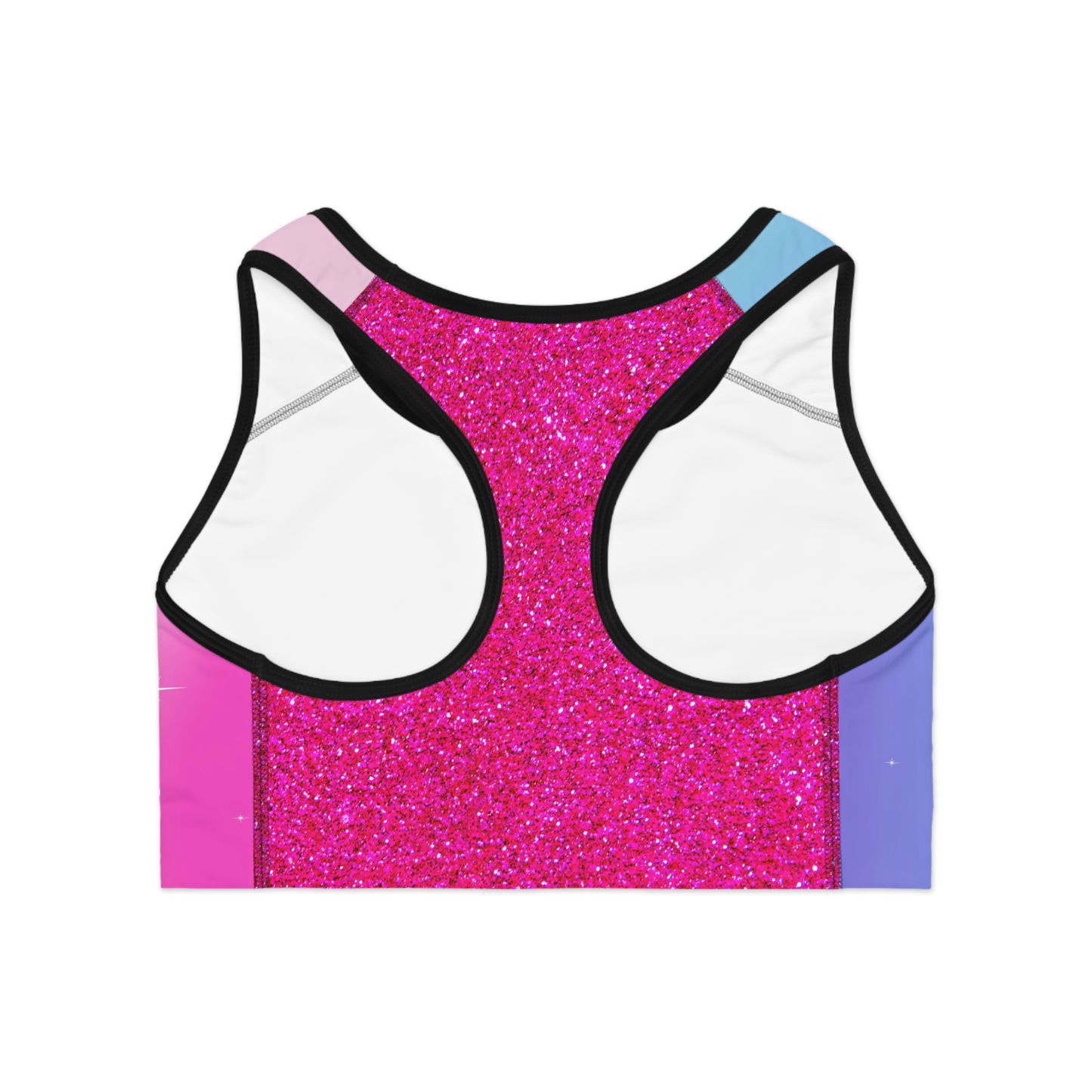 Rainbow Cotton Candy Cosmos Sports Bra – Vibrant Pink and Blue Galaxy Pattern from Rainbowtique’s Athletic Wear Collection