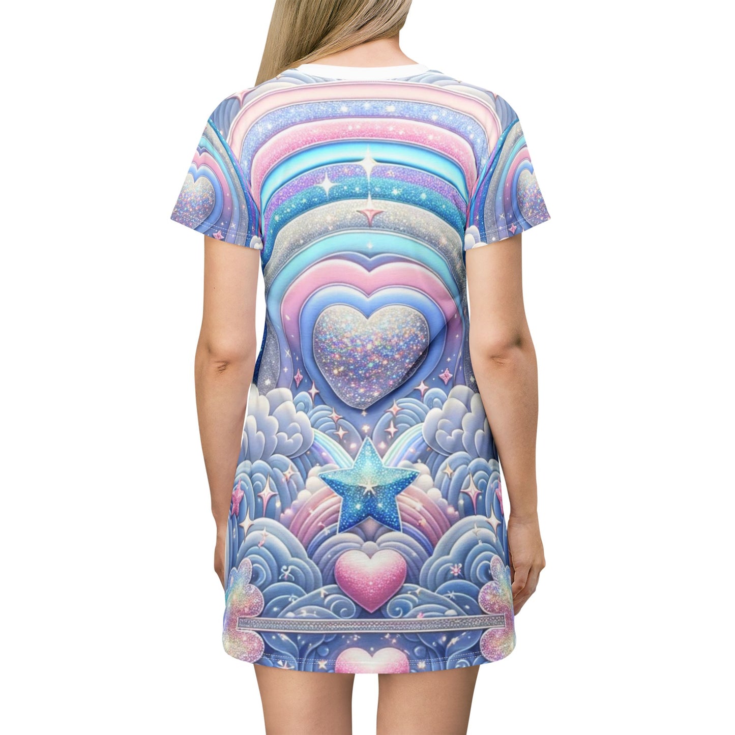 Rainbow Dreamscape Fantasy Fairytale Trans Pride T-Shirt Dress β Dreamy All-Over Print Outfit for LGBTQ+ Pride & Self-Expression β Pastel Heart & Cloud Design