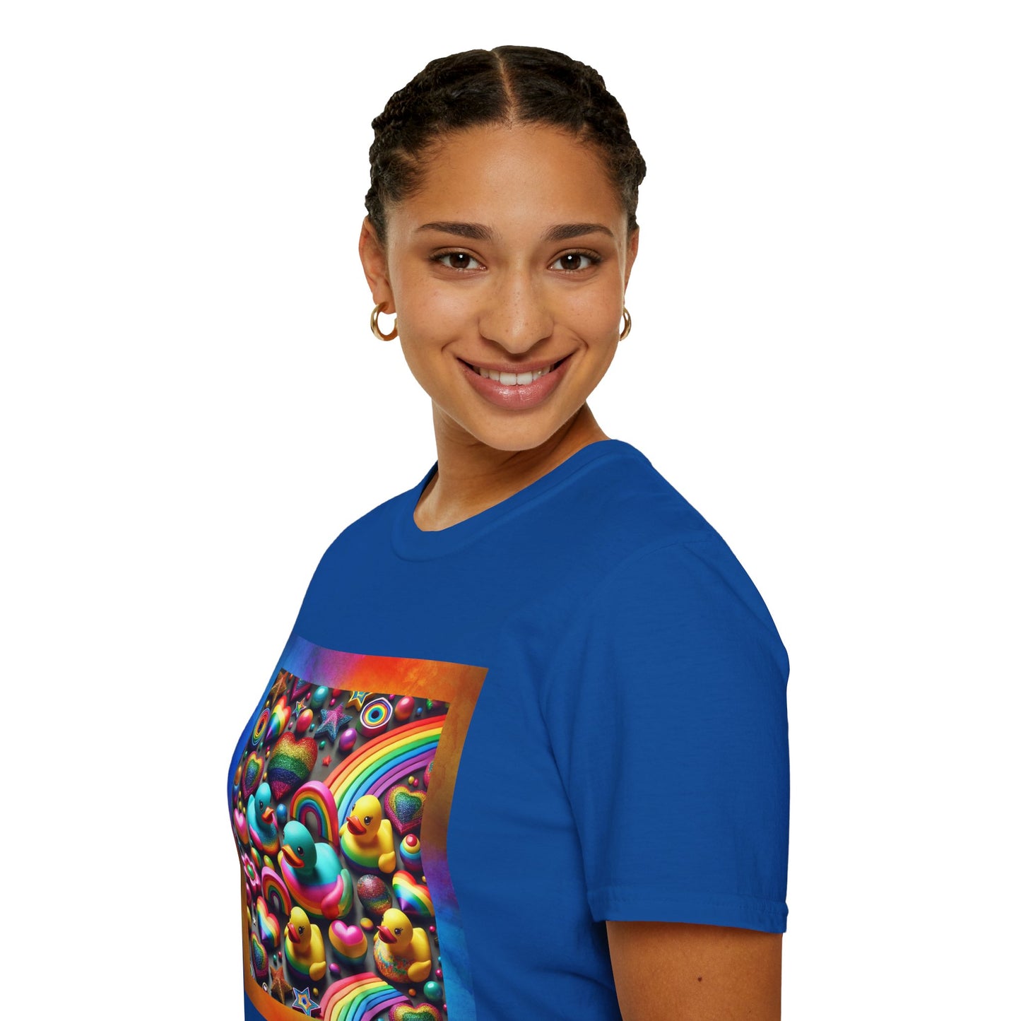 Rainbow Rubber Ducky Sparkle n Splash Hearts & Stars T-Shirt – Cute All-Over Print Tee for LGBTQ+ Inclusivity – Colorful Pride Fashion