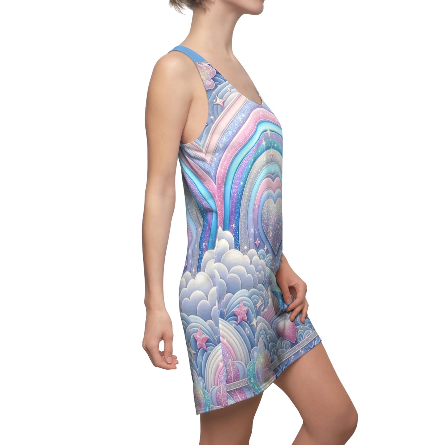 Rainbow Dreamscape Fantasy Fairytale Trans Pride T-Shirt Dress β Dreamy All-Over Print Outfit for LGBTQ+ Pride & Self-Expression β Pastel Heart & Cloud Design