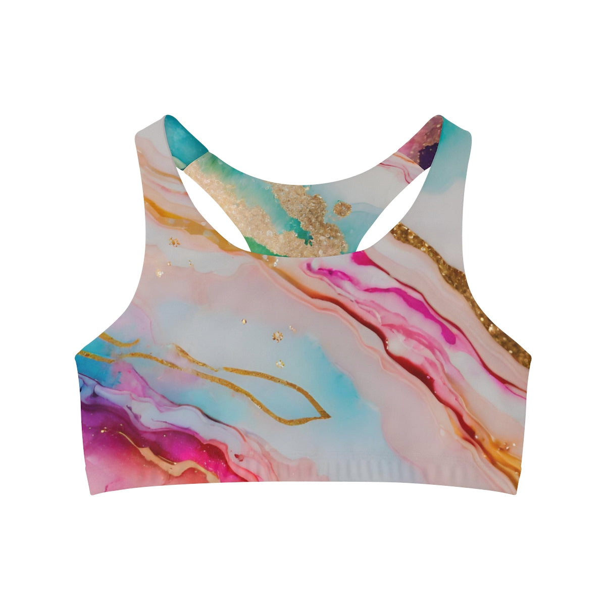 Celestial Luxe Racerback Sports Bra – Marble Rainbow Glow Print | Unique & Colorful LGBTQ+ Fashion by Rainbowtique