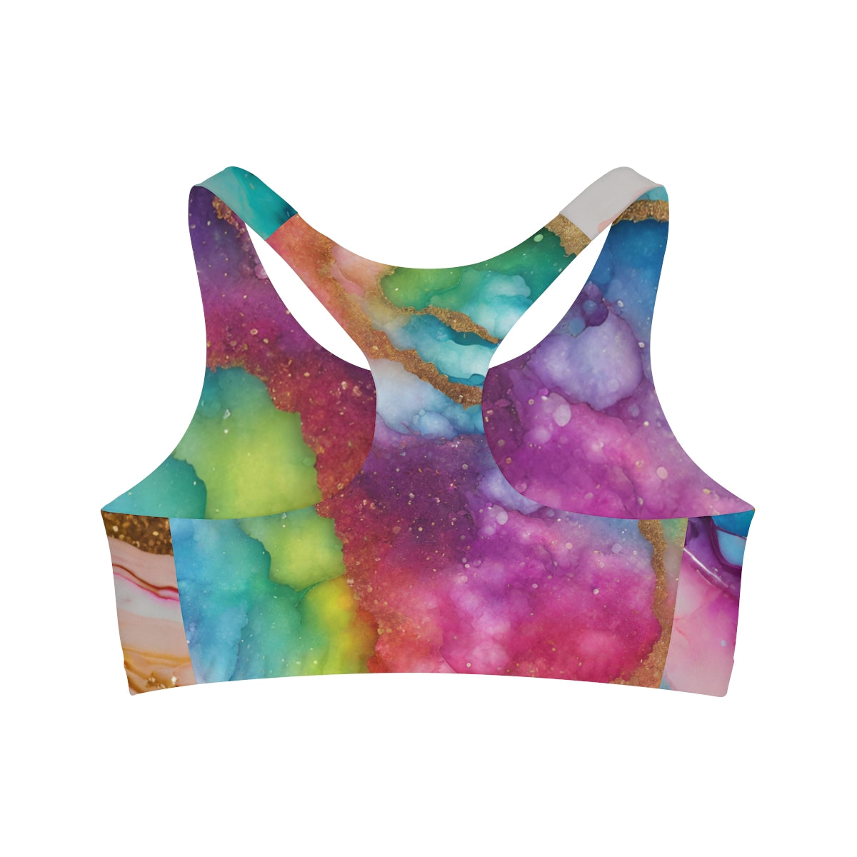 Celestial Luxe Racerback Sports Bra – Marble Rainbow Glow Print | Unique & Colorful LGBTQ+ Fashion by Rainbowtique