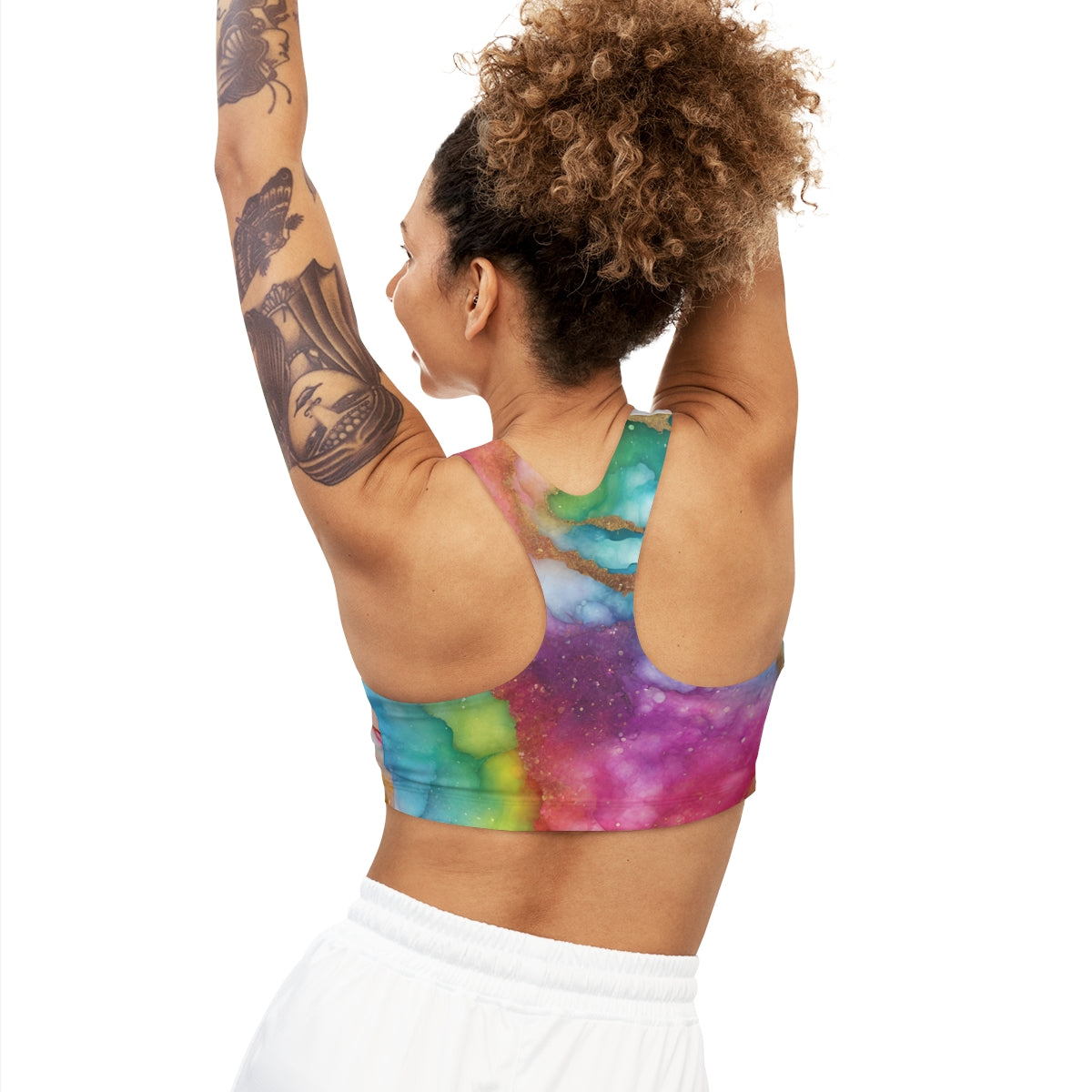Celestial Luxe Racerback Sports Bra – Marble Rainbow Glow Print | Unique & Colorful LGBTQ+ Fashion by Rainbowtique