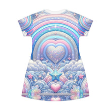 Rainbow Dreamscape Fantasy Fairytale Trans Pride T-Shirt Dress – Dreamy All-Over Print Outfit for LGBTQ+ Pride & Self-Expression – Pastel Heart & Cloud Design