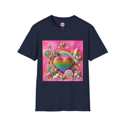 Sweet Rainbow Love Candy T-Shirt – Rainbow Glitter Heart & Lollipop Wonderland | Colorful Whimsical Tee for Fun & Pride