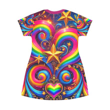Rainbow Fantasy Swirl Heart T-Shirt Dress – Vibrant Outfit for Pride & Festivals – Colorful Fairytale Design