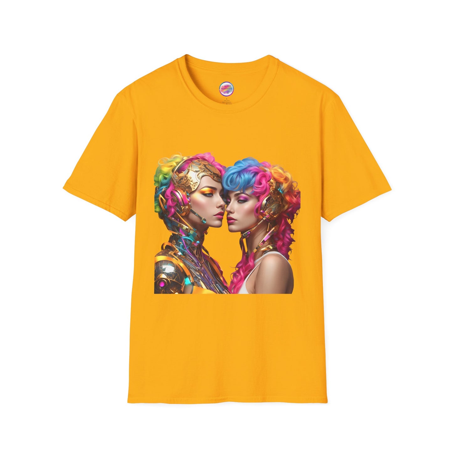 AI Rainbow Robot Love T-Shirt – Vibrant LGBTQ+ Couple Art Tee – Futuristic Pride Fashion for Equality & Inclusivity (Multiple Colors to Choose From)