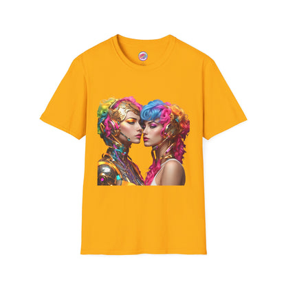 AI Rainbow Robot Love T-Shirt – Vibrant LGBTQ+ Couple Art Tee – Futuristic Pride Fashion for Equality & Inclusivity (Multiple Colors to Choose From)