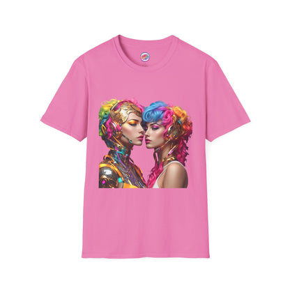 AI Rainbow Robot Love T-Shirt – Vibrant LGBTQ+ Couple Art Tee – Futuristic Pride Fashion for Equality & Inclusivity (Multiple Colors to Choose From)