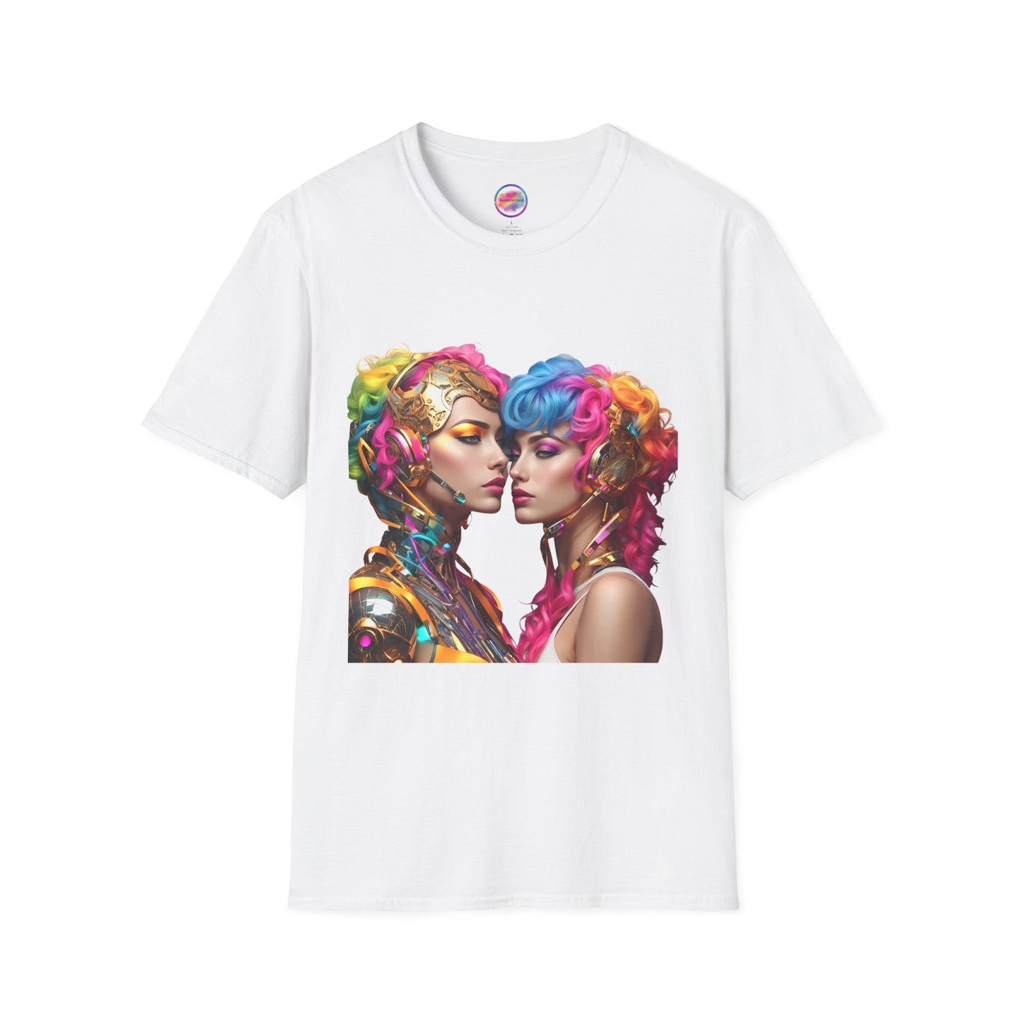 AI Rainbow Robot Love T-Shirt – Vibrant LGBTQ+ Couple Art Tee – Futuristic Pride Fashion for Equality & Inclusivity (Multiple Colors to Choose From)