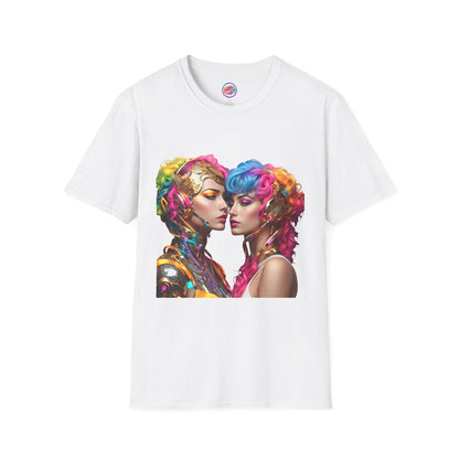 AI Rainbow Robot Love T-Shirt – Vibrant LGBTQ+ Couple Art Tee – Futuristic Pride Fashion for Equality & Inclusivity (Multiple Colors to Choose From)