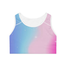 Rainbow Cotton Candy Cosmos Sports Bra – Vibrant Pink and Blue Galaxy Pattern from Rainbowtique’s Athletic Wear Collection