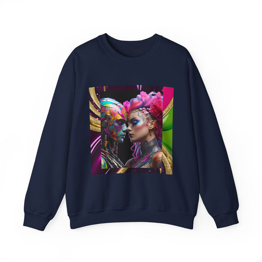 AI Rainbow Robot Love Sweatshirt – Cozy All-Over Print Pullover for Pride & Futuristic Fashion – Cyberpunk LGBTQ+ Art