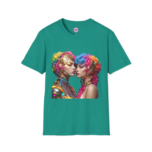 AI Rainbow Robot Love T-Shirt – Vibrant LGBTQ+ Couple Art Tee – Futuristic Pride Fashion for Equality & Inclusivity (Multiple Colors to Choose From)