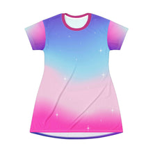 Rainbow Cotton Candy Cosmos T-Shirt Dress – Pastel Galaxy Trans-Pride Inspired Fashion | Soft & Colorful Pink and Blue Ombre Dress for All Genders by Rainbowtique