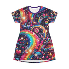 Rainbow Fantasy Fairytale Cosmic Swirl T-Shirt Dress – Vibrant All-Over Print Outfit for LGBTQ+ Pride & Festivals – Dreamy Galaxy Design