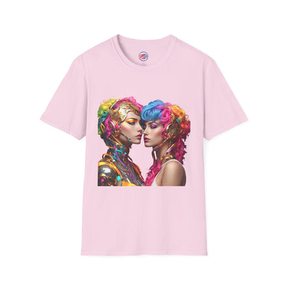 AI Rainbow Robot Love T-Shirt – Vibrant LGBTQ+ Couple Art Tee – Futuristic Pride Fashion for Equality & Inclusivity (Multiple Colors to Choose From)