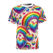 Rainbow Radiance Hearts T-Shirt – Vibrant & Colorful All-Over Print Tee – LGBTQ+ Pride & Festival Fashion