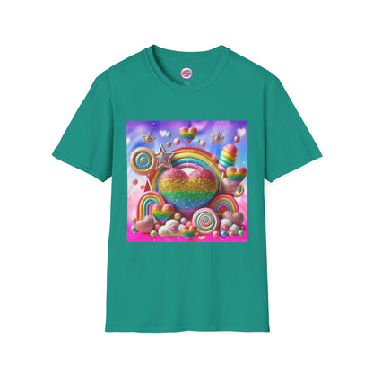 Sweet Rainbow Love Candy T-Shirt – Rainbow Glitter Heart & Lollipop Wonderland | Colorful Whimsical Tee for Fun & Pride