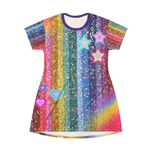 Rainbow Radiance Sparkle T-Shirt Dress – Fun All-Over Print Outfit for Festivals & Pride – Glitter Hearts & Stars Design