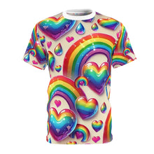 Rainbow Radiance Hearts T-Shirt – Vibrant & Colorful All-Over Print Tee – LGBTQ+ Pride & Festival Fashion