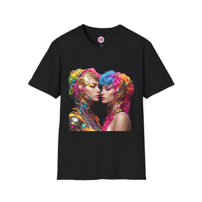 AI Rainbow Robot Love T-Shirt – Vibrant LGBTQ+ Couple Art Tee – Futuristic Pride Fashion for Equality & Inclusivity (Multiple Colors to Choose From)