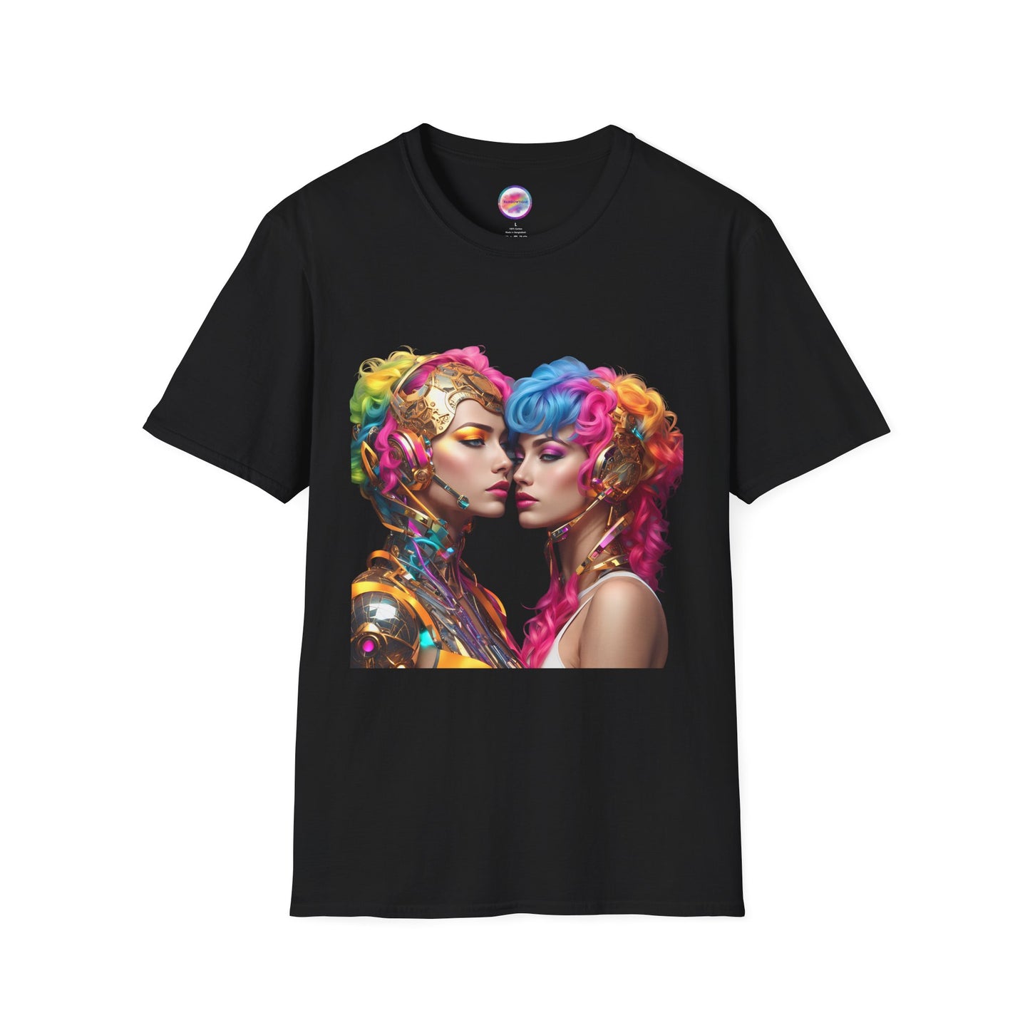 AI Rainbow Robot Love T-Shirt – Vibrant LGBTQ+ Couple Art Tee – Futuristic Pride Fashion for Equality & Inclusivity (Multiple Colors to Choose From)
