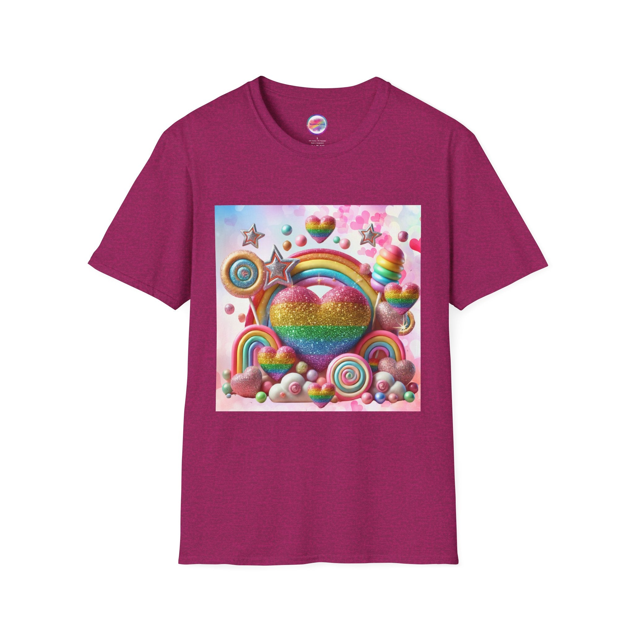 Sweet Rainbow Love Candy T-Shirt – Rainbow Glitter Heart & Lollipop Wonderland | Colorful Whimsical Tee for Fun & Pride