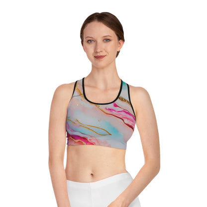 Rainbow Marble Magic Sports Bra – Pastel Swirl Activewear | Breathable, Stretchy Pride Fitness Top for All Genders by Rainbowtique