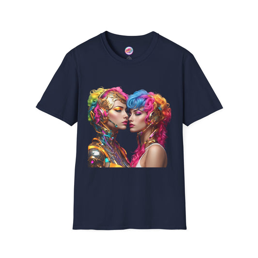 AI Rainbow Robot Love T-Shirt – Vibrant LGBTQ+ Couple Art Tee – Futuristic Pride Fashion for Equality & Inclusivity (Multiple Colors to Choose From)
