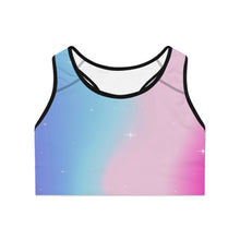 Rainbow Cotton Candy Cosmos Sports Bra – Vibrant Pink and Blue Galaxy Pattern from Rainbowtique’s Athletic Wear Collection