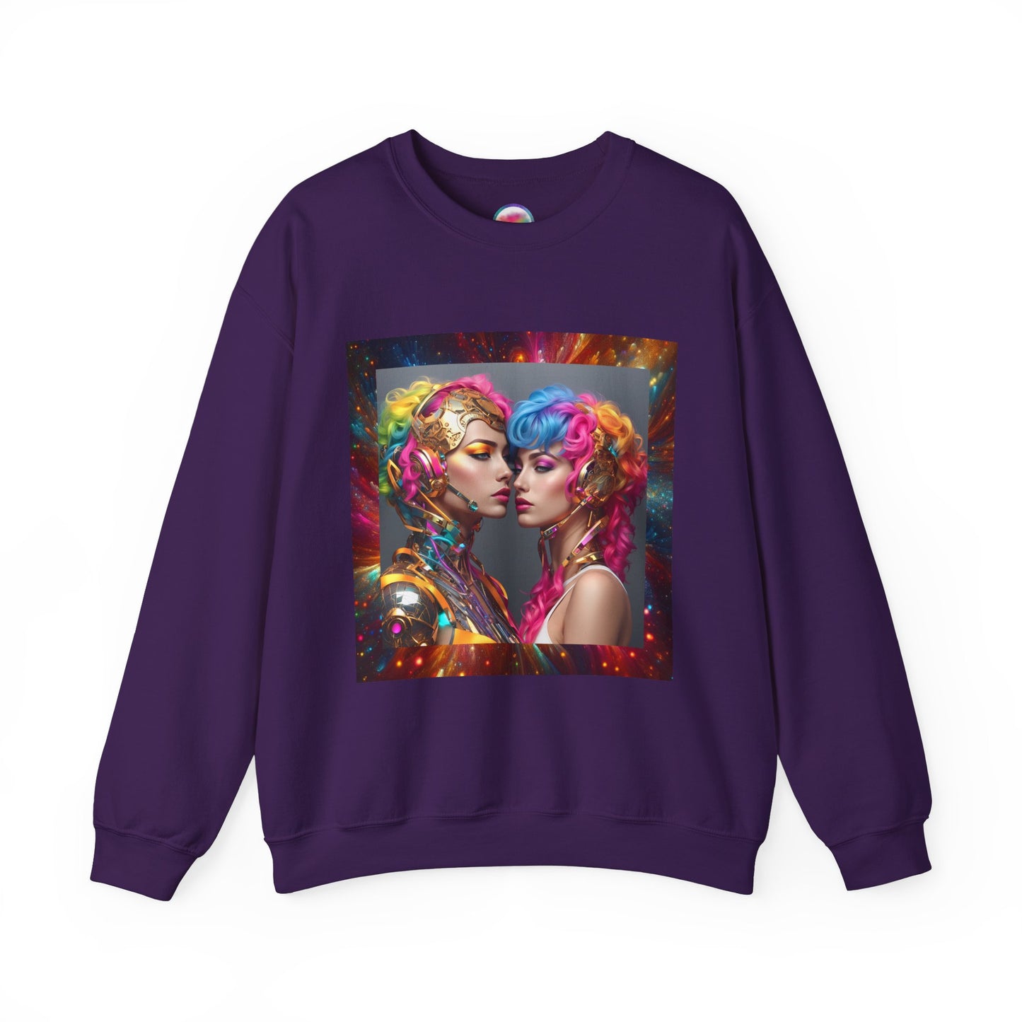 AI Rainbow Robot Love Sweatshirt – Cozy & Stylish All-Over Print Crewneck – LGBTQ+ Pride Winter Fashion