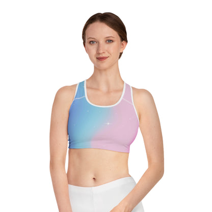 Rainbow Cotton Candy Cosmos Sports Bra – Vibrant Pink and Blue Galaxy Pattern from Rainbowtique’s Athletic Wear Collection