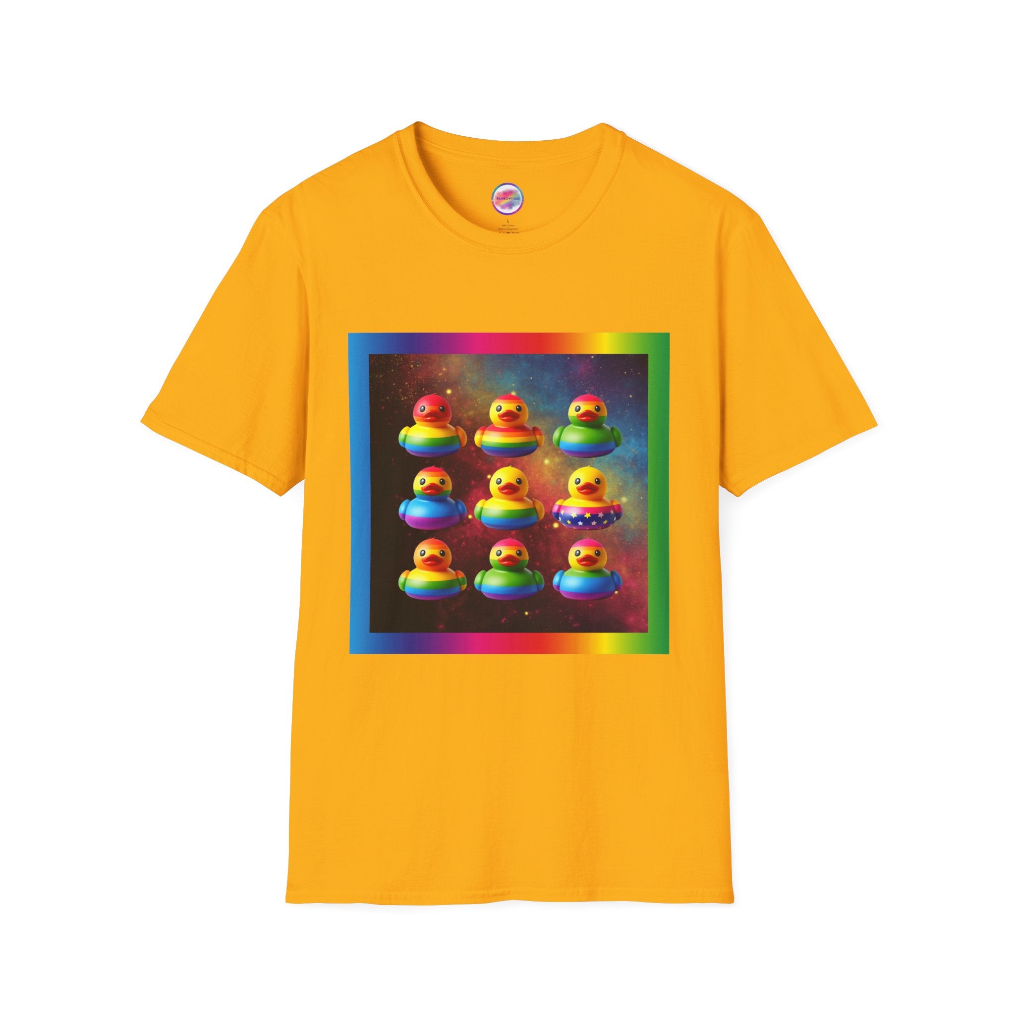Rainbow Rubber Ducky Pride T-Shirt – Colorful All-Over Print Tee for Celebrations & Self-Expression – Fun LGBTQ+ Fashion