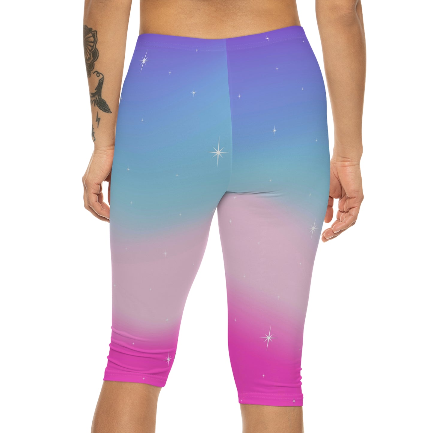 Rainbow Cotton Candy Cosmos Capri Leggings – Vibrant Galaxy Pattern from Rainbowtique’s Athletic Wear Collection