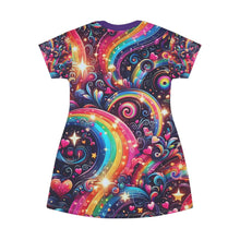 Rainbow Fantasy Fairytale Cosmic Swirl T-Shirt Dress – Vibrant All-Over Print Outfit for LGBTQ+ Pride & Festivals – Dreamy Galaxy Design