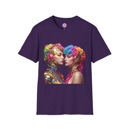 AI Rainbow Robot Love T-Shirt – Vibrant LGBTQ+ Couple Art Tee – Futuristic Pride Fashion for Equality & Inclusivity (Multiple Colors to Choose From)
