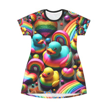 Sparkle n Splash Rainbow Rubber Ducky T-Shirt Dress – Playful All-Over Print Outfit for Fun & Pride – Colorful LGBTQ+ Fashion
