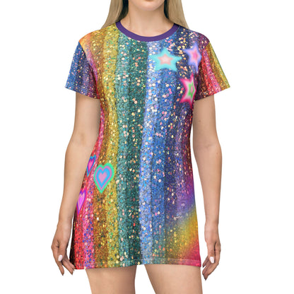 Rainbow Radiance Sparkle T-Shirt Dress – Fun All-Over Print Outfit for Festivals & Pride – Glitter Hearts & Stars Design