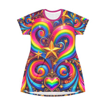 Rainbow Fantasy Swirl Heart T-Shirt Dress – Vibrant Outfit for Pride & Festivals – Colorful Fairytale Design