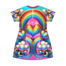 Rainbow Fantasy Fairytale Heart T-Shirt Dress – Vibrant All-Over Print Outfit for LGBTQ+ Pride & Festivals – 360° Colorful Dreamy Design