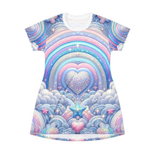 Rainbow Dreamscape Fantasy Fairytale Trans Pride T-Shirt Dress – Dreamy All-Over Print Outfit for LGBTQ+ Pride & Self-Expression – Pastel Heart & Cloud Design