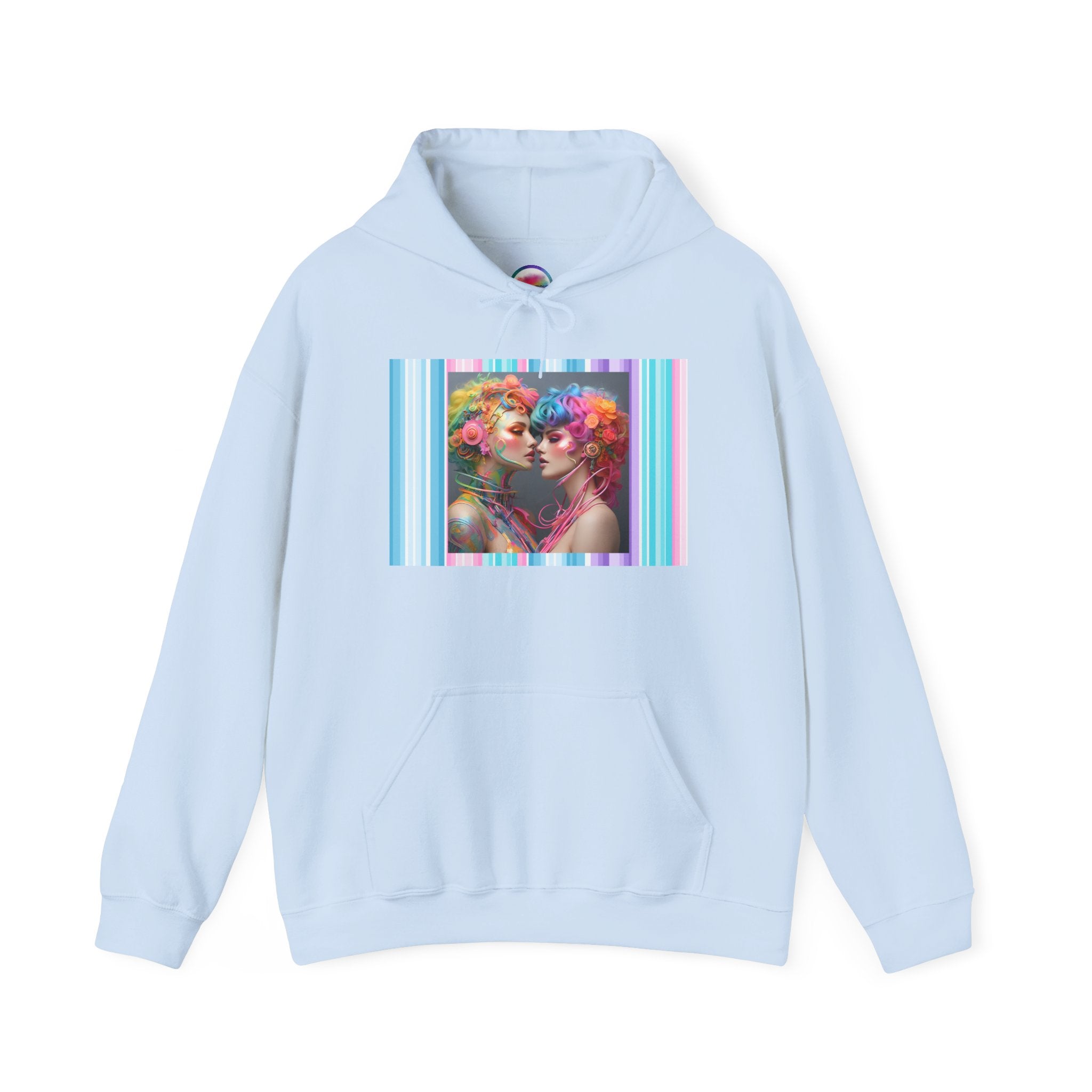 AI Rainbow Robot Trans Pride Hoodie – Cozy All-Over Print Sweatshirt for Warmth & Inclusivity – Love is Love Cyber Art