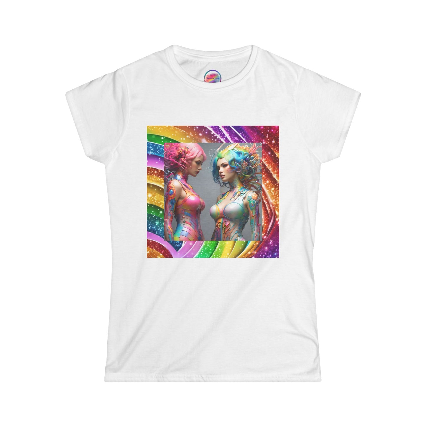 AI Rainbow Robot Love T-Shirt – Trendy & Comfortable All-Over Print Tee – LGBTQ+ Pride & Futuristic Fashion